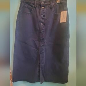 Black Denim Button Front Midi Skirt